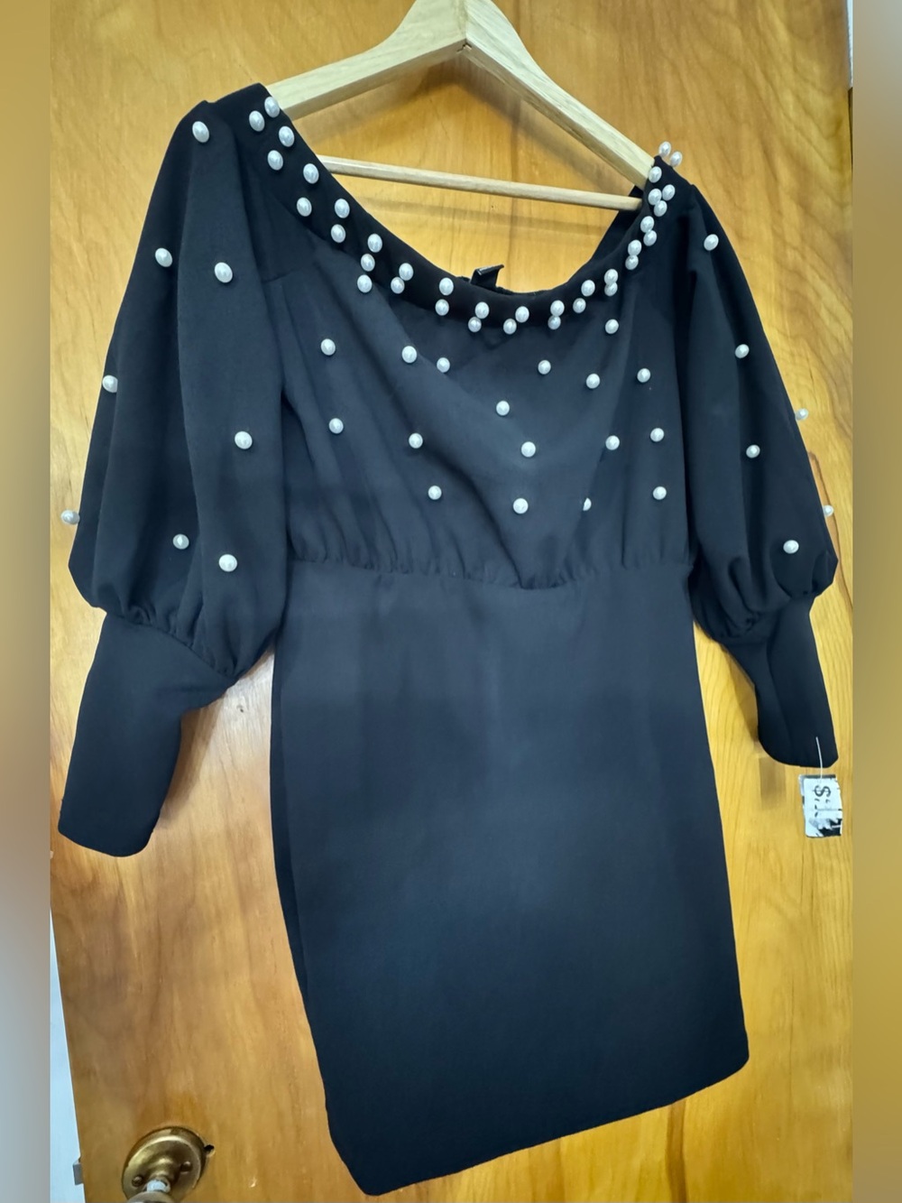 SHEIN        Black Pearl-Accent Long Sleeve Dress